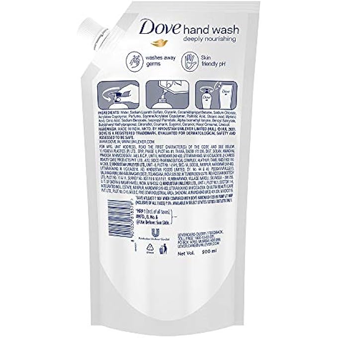 Dove MOISTURISING LIQUID HAND WASH 900 ML REFILL, GENTLE CLEANSER FOR SOFT HANDS, LIQUID HAND SOAP SUITABLE FOR SENSITIVE SKIN SUPER SAVER OFFER PACK, MULTI, 900 ML (PACK OF 1) - Image 2